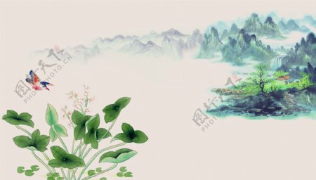 古典中国风山水花朵背景