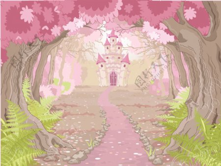 矢量儿童卡通粉色森林城堡背景