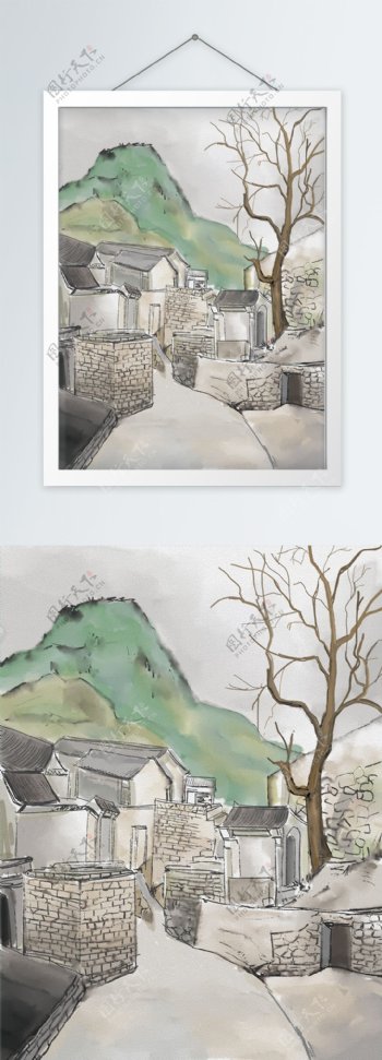 手绘中国风淡彩乡村风景装饰画