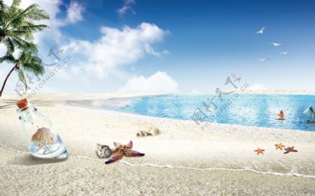 夏日风情海边沙滩漂流瓶海星