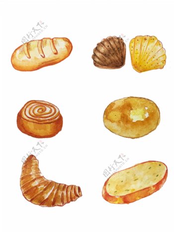 手绘水彩不同种类面包