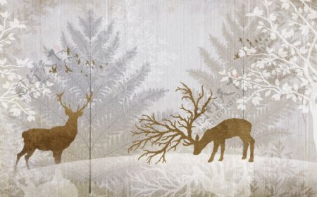 北欧森林麋鹿动物装饰画