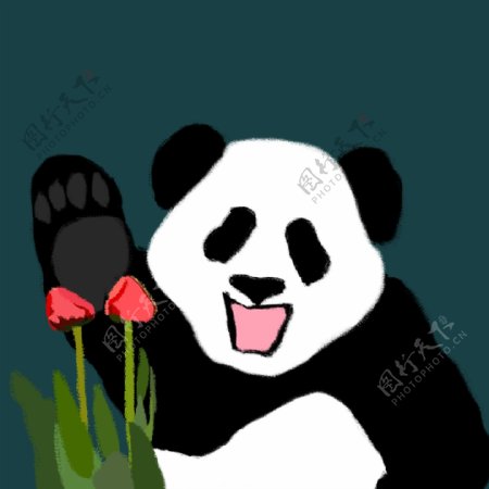 手绘风彩色熊猫与花花元素