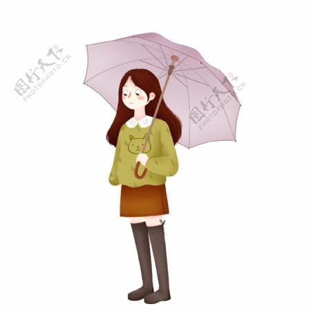 打着雨伞的卡通女孩图案元素