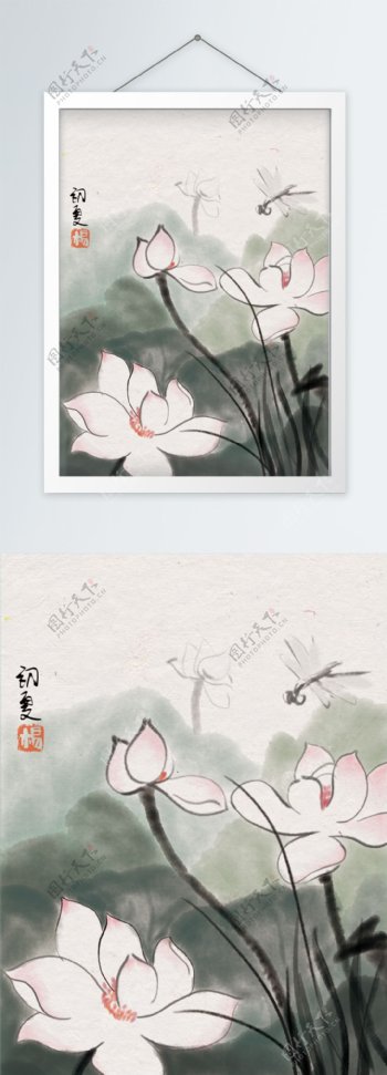中国风水墨国画池塘荷花装饰画