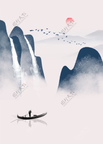 中国风蓝调意境山水瀑布客厅装饰画
