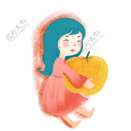 抱着苹果的女孩图案元素