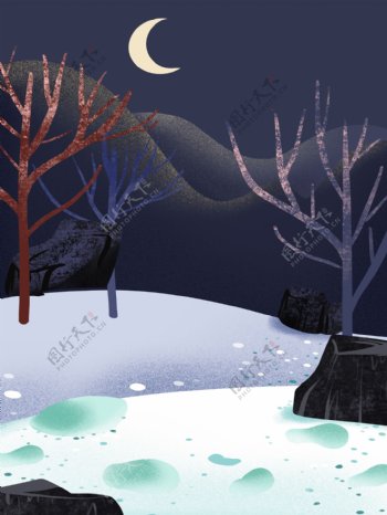 手绘冬季树林雪地月亮背景设计