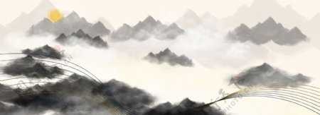 中国水墨远山云雾缭绕日出背景