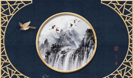 新中式立体山水瀑布花鸟背景墙