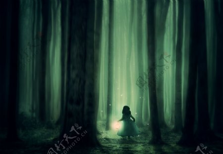 森林女孩树木雾灯笼照