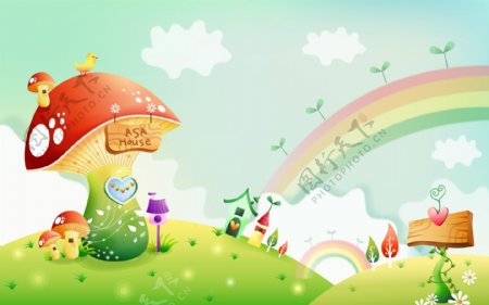 卡通蘑菇房子彩虹素材