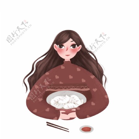 手绘抱着一碗饺子的女孩