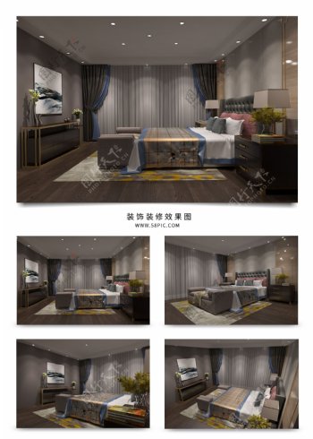 新中式大气温馨卧室效果图模型