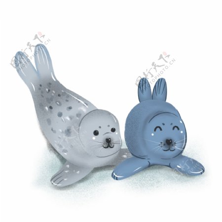 国际海豹节可爱小海豹卡通形象元素手绘