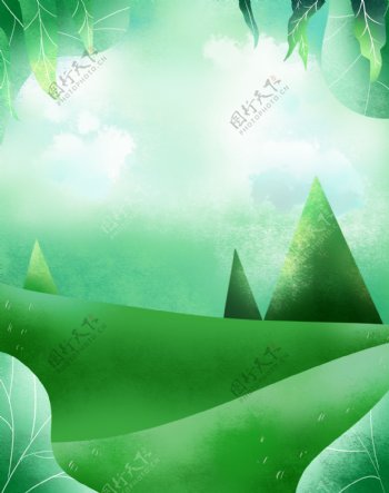 卡通手绘绿色植物风景插画背景