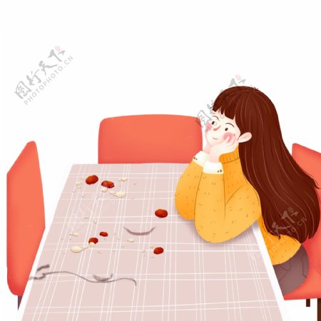 卡通可爱坐在饭桌上的女孩