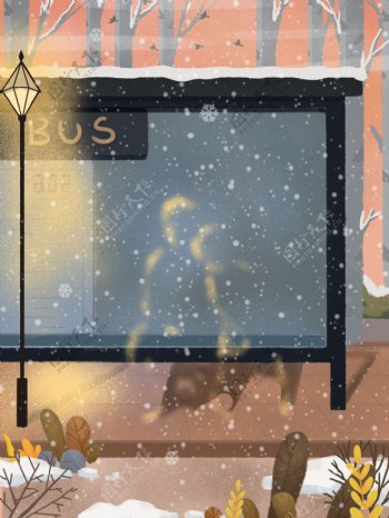 彩绘冬季下雪公交站背景设计