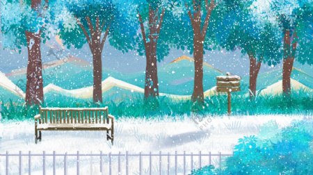 彩绘唯美冬季树林雪景背景设计