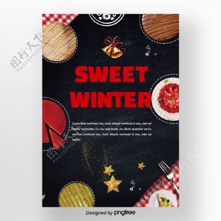 黑色圣诞节红色蛋糕星星冬天甜味食品海报