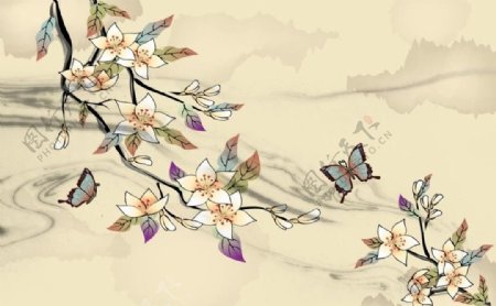 中国风水墨蝴蝶花卉