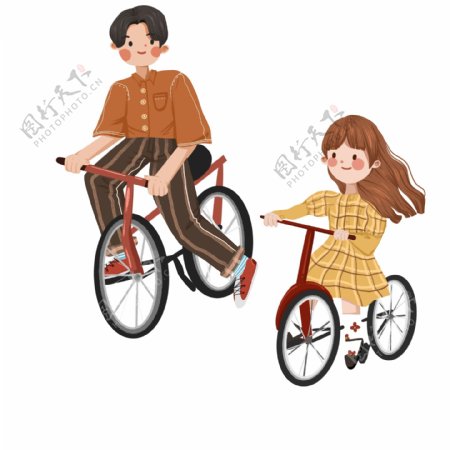 复古手绘一起请自行车旅行的父女俩