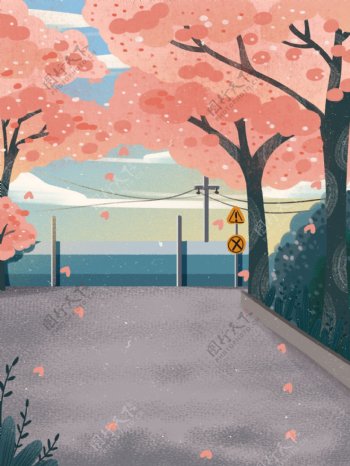 樱花盛开的季节唯美树下插画背景