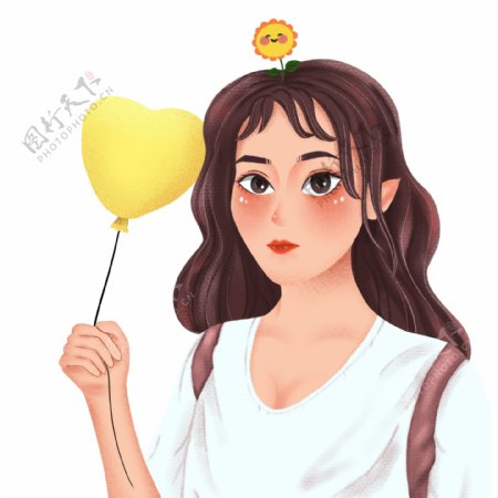 清新手绘拿着黄色气球的女大学生