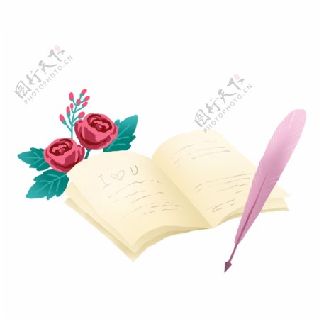 情人节浪漫玫瑰和日记本PNG免抠素材