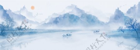 中国风江面山水画背景