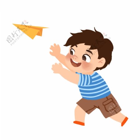小男孩玩纸飞机原创手绘卡通