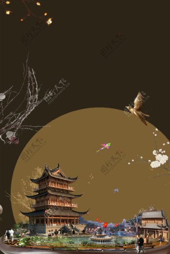 中式建筑棕色简约风海报banner背景