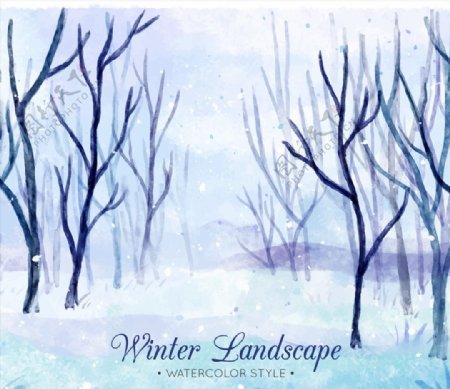 水彩绘冬季雪地树林风景