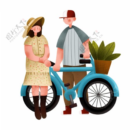 踏青骑车的情侣插画
