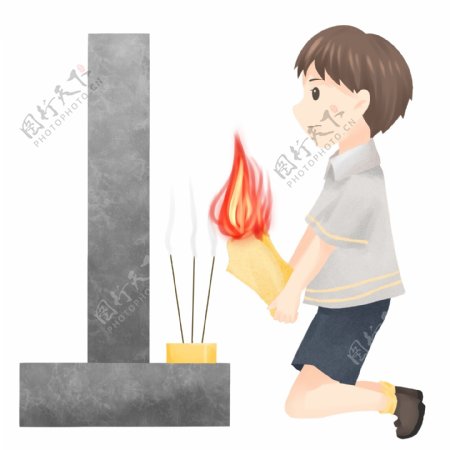 清明节祭祖烧香的男孩插画