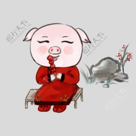 水墨手绘中国风小猪的年味儿吃冰糖葫芦psd分层免抠