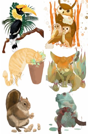 动植物卡通手绘风花草小动物