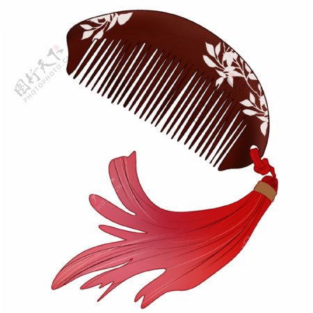 手绘中国风古典嵌花木梳插画