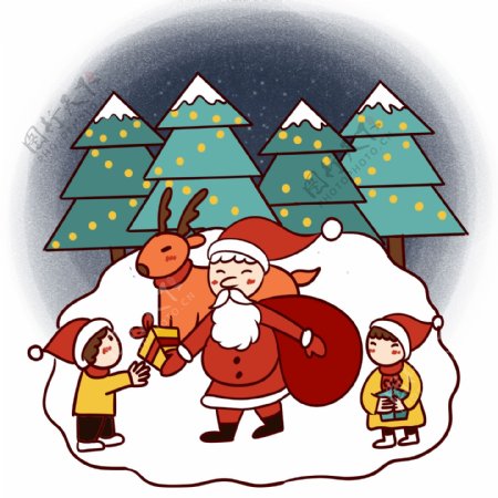 手绘卡通可爱圣诞节圣诞老人与麋鹿
