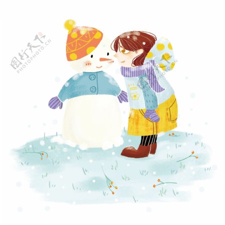 冬季冬天节气冬装卡通雪人和小女孩插画