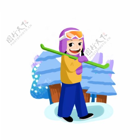 冬季滑雪手绘卡通人物PNG素材