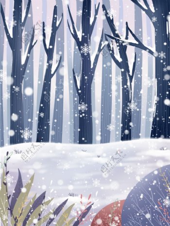 手绘树林漫天雪花背景素材