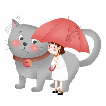 卡通可爱猫与打着红伞女孩元素