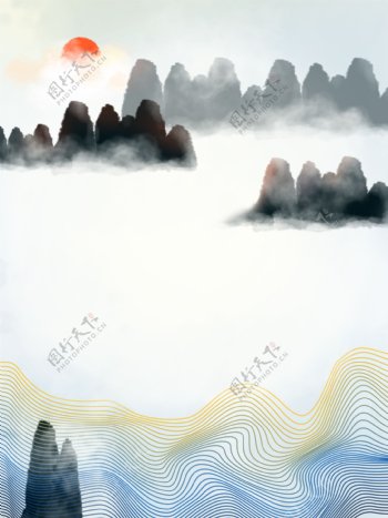 中国风水墨画大气远山行云流水日出日落背景
