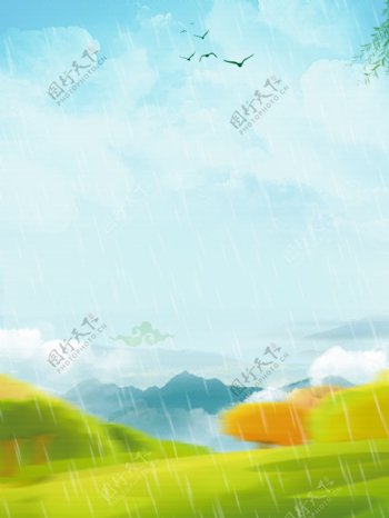 清新春季下雨草地背景素材