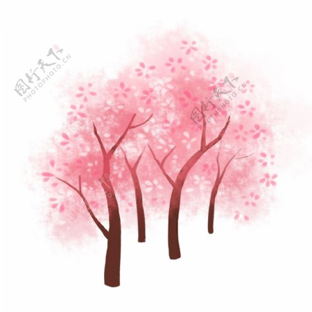 手绘卡通粉色樱花树png元素