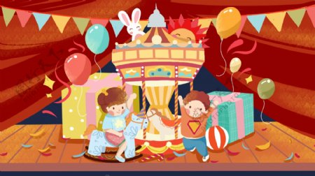 六一儿童节在游乐场马戏团旋转木马插画