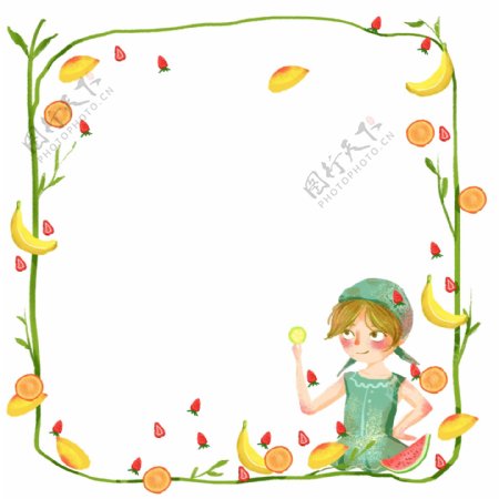 夏季小清新水果藤蔓小女孩边框海报素材