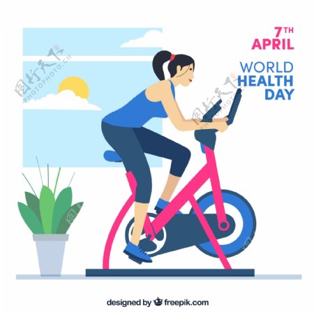 创意世界健康日骑健身车的女子