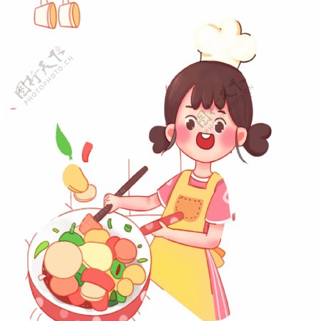 卡通可爱一个炒菜的女孩子